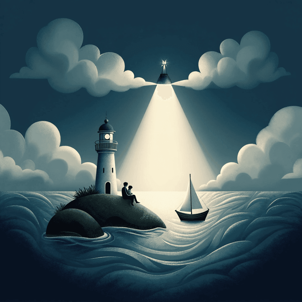 a couple sitting on the bank of a island with a lighthouse atop it, a light shines down upon the ocean from the sky illuminating where a sailboat floats, representing hope that through support a couple can successfully navigate PPD