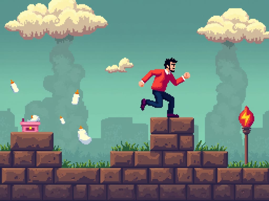 pixel art father running through a video game level