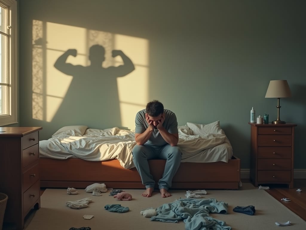 father hunched over bed in a state of depression, clothes and toys scattered around the room